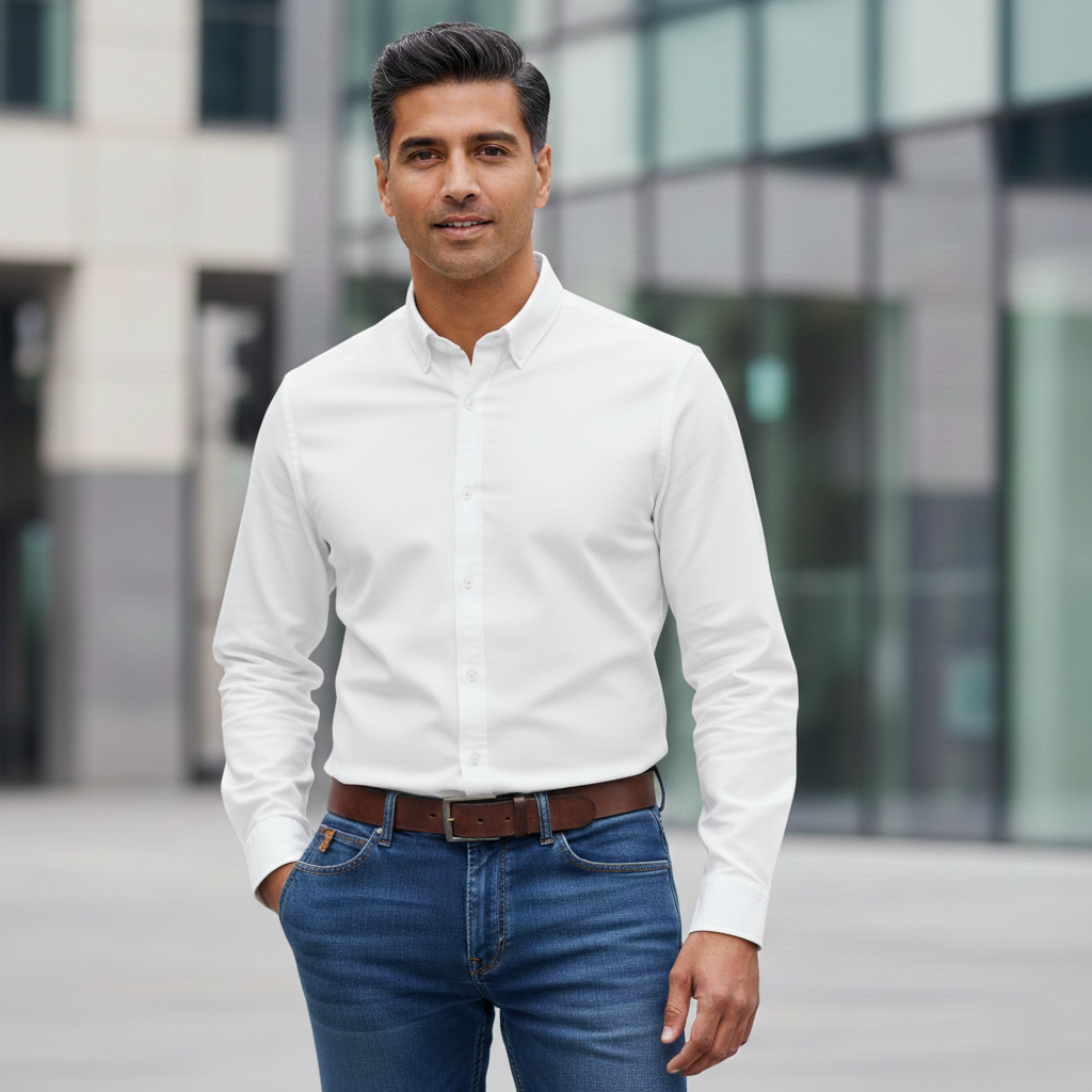 un mannequin homme portnt une chemise blanche et un jean