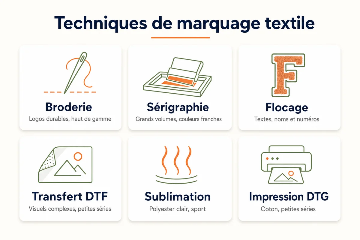 Infographie comparative des six techniques de marquage textile