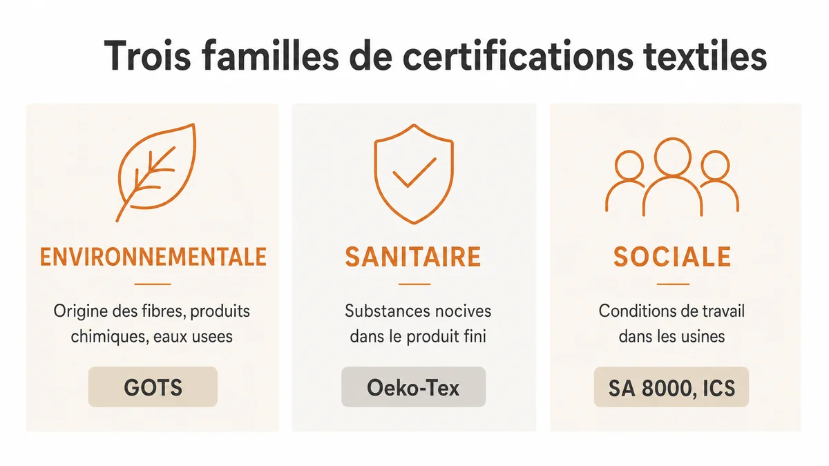 Schéma des trois familles de certifications textiles : environnementale, sanitaire et sociale