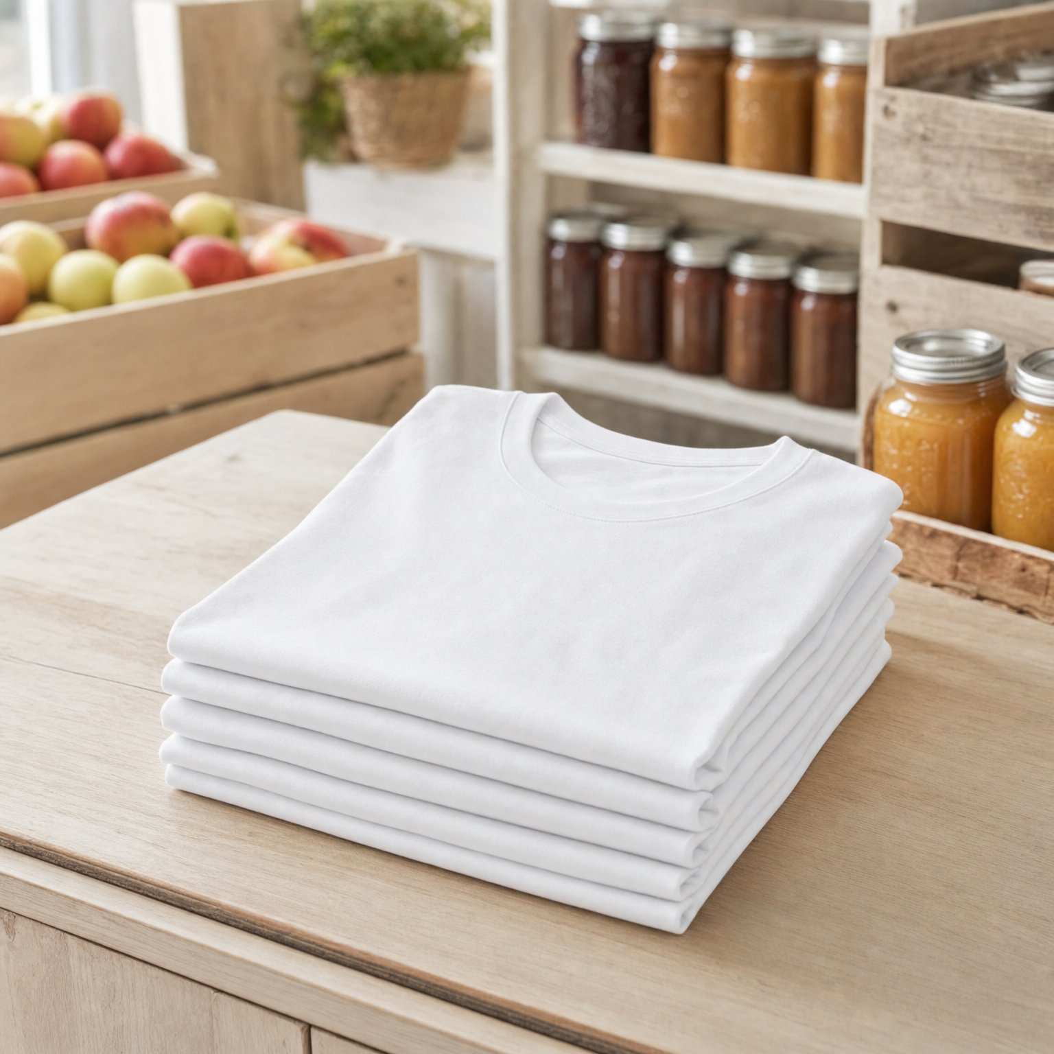 Pile de t-shirts blancs en coton bio sur le comptoir d'une boutique de producteur