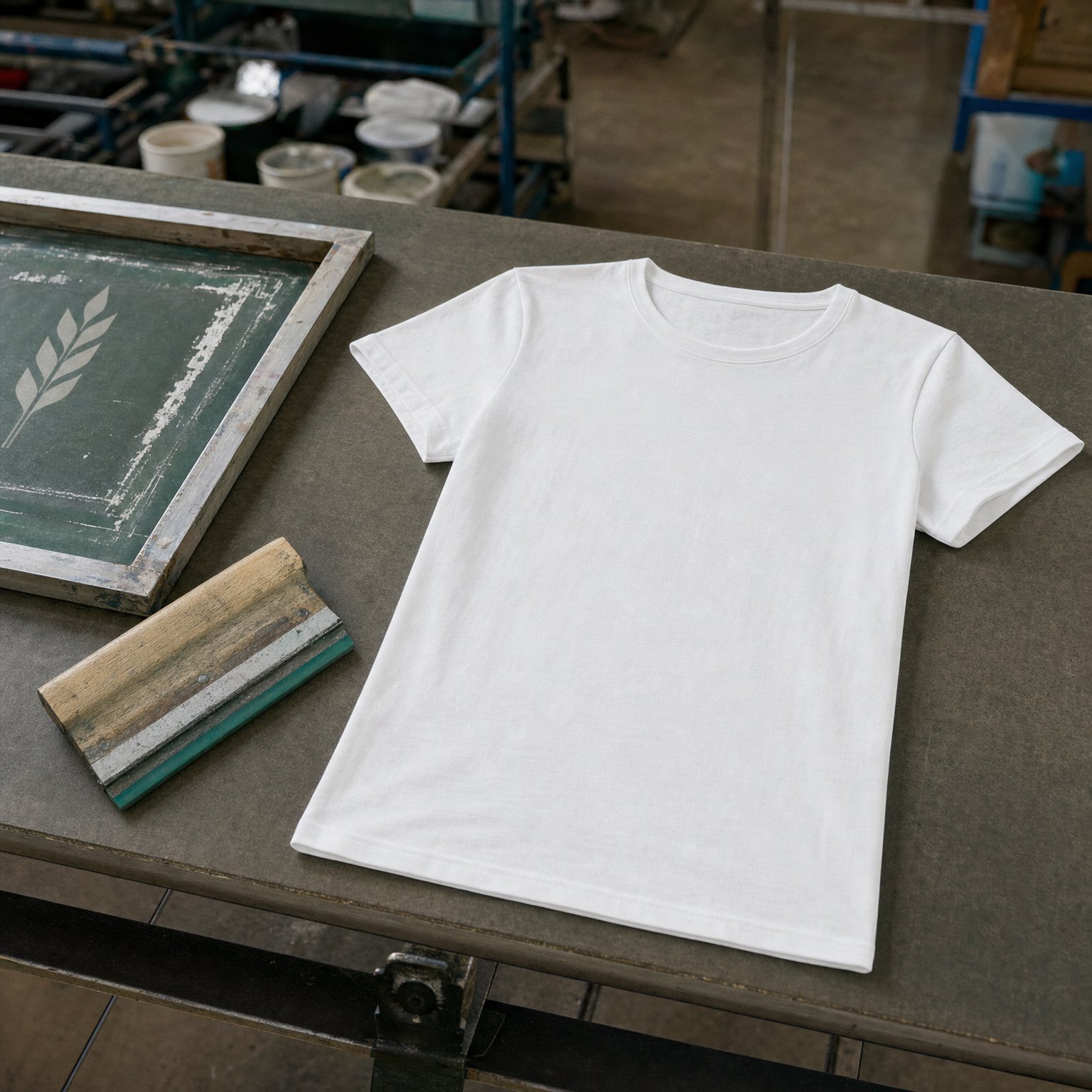 T-shirt blanc sur une table de sérigraphie, cadre et racle