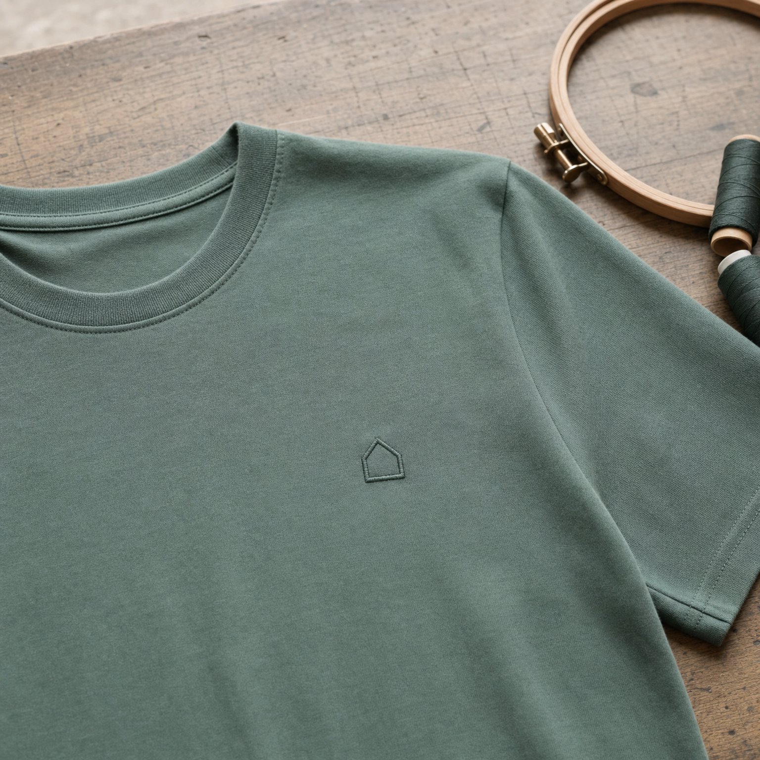 Broderie ton sur ton en poitrine d'un t-shirt vert pour le BTP, tambour et fil