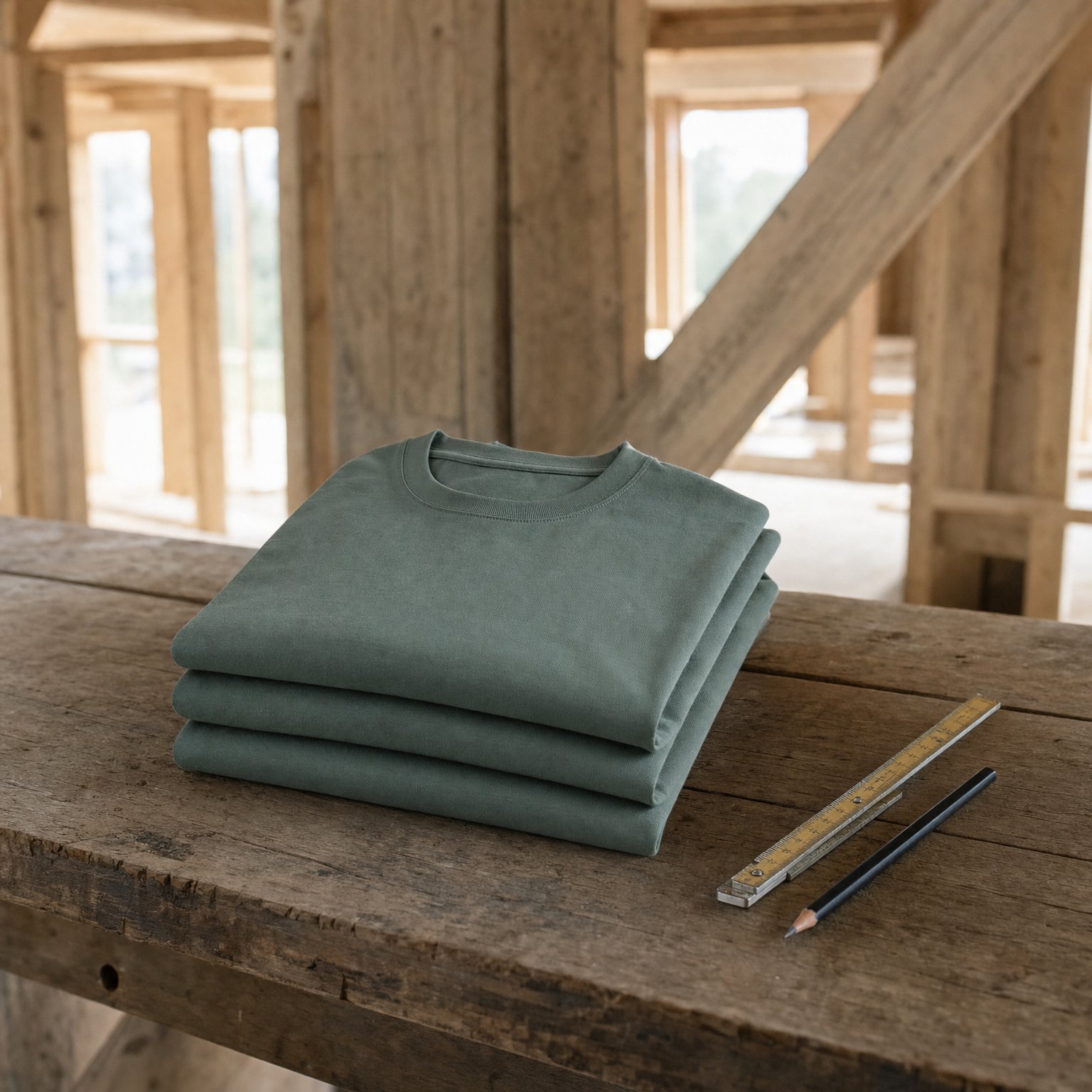 Pile de t-shirts verts Heavy Core sur un établi de chantier bois