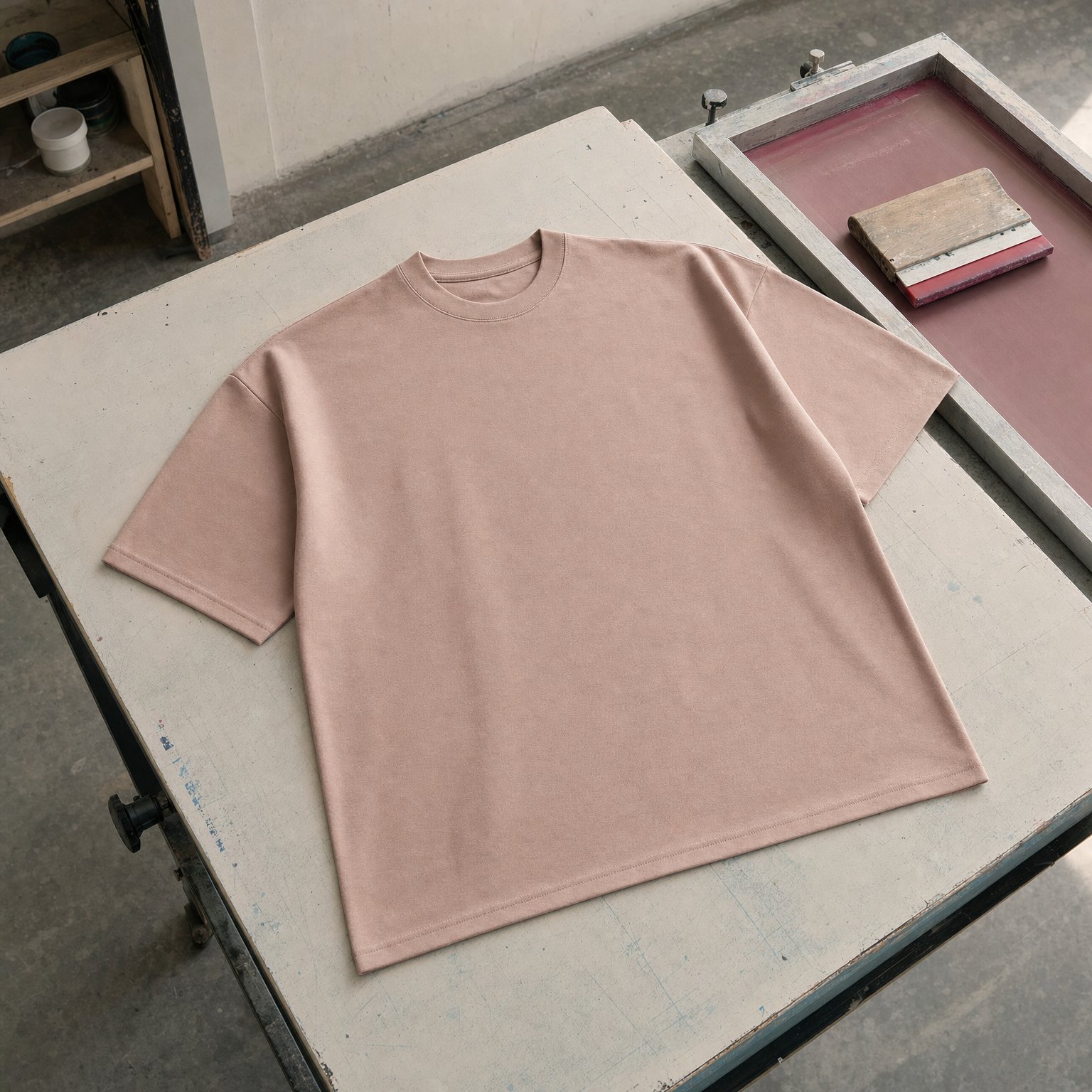 T-shirt oversize rose poudré sur une table de sérigraphie grand format