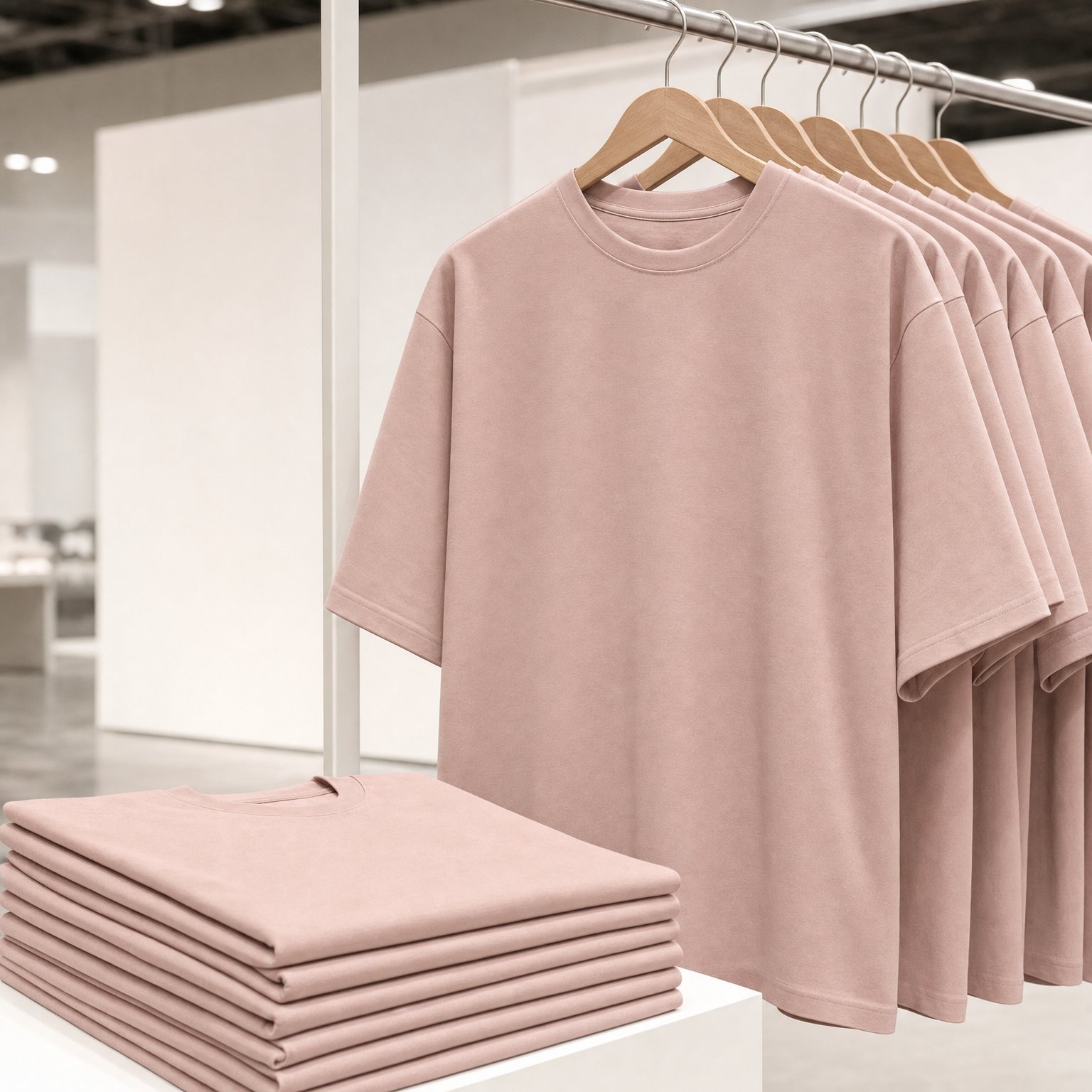 T-shirts oversize rose poudré sur un portant de stand de salon