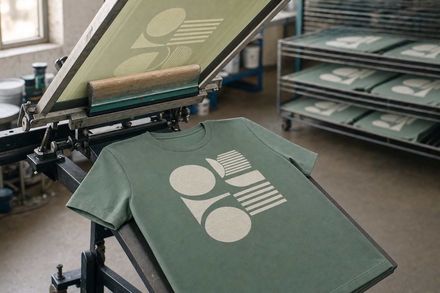 T-shirt vert sur le plateau d'une presse de sérigraphie, écran relevé et racle posée, visuel géométrique fraîchement imprimé