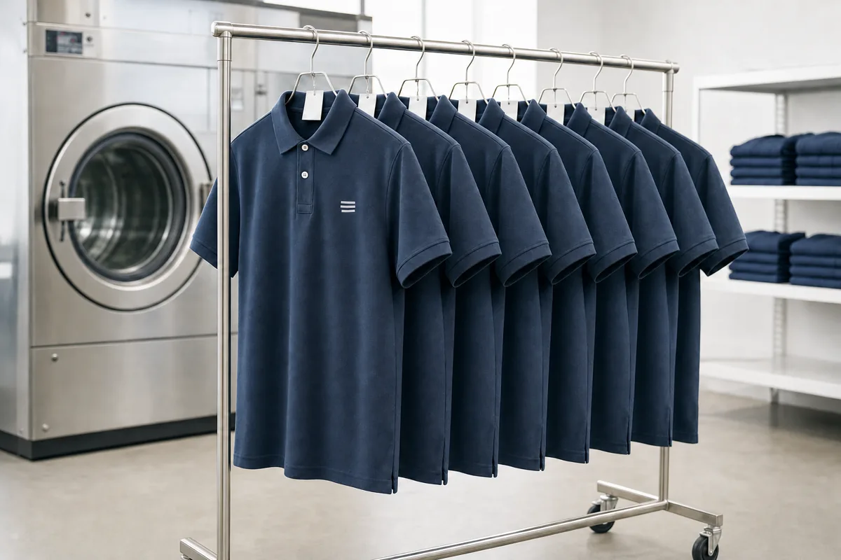 Portant de blanchisserie avec des polos de travail marine propres sur cintres, une étiquette blanche à chaque cintre, lave-linge professionnel en arrière-plan