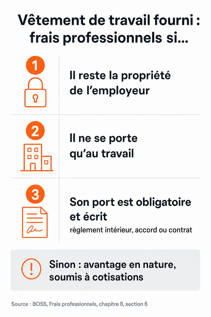 Infographie des trois conditions pour qu'un vêtement de travail fourni reste en frais professionnels : propriété de l'employeur, port limité au travail, port obligatoire et écrit