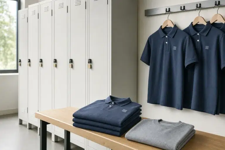 Vestiaire d'entreprise avec armoires individuelles, polos et sweats de travail aux couleurs de l'entreprise suspendus et pliés sur un banc