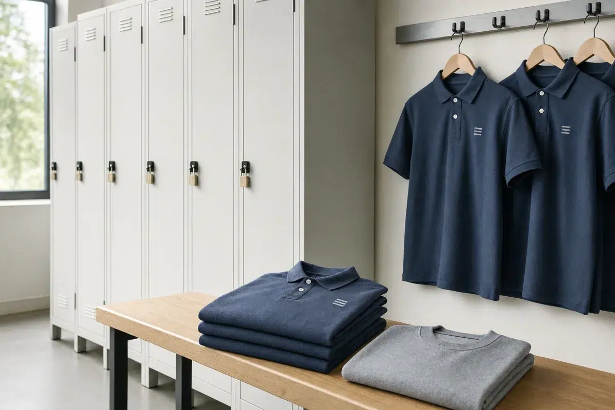 Vestiaire d'entreprise avec armoires individuelles, polos et sweats de travail aux couleurs de l'entreprise suspendus et pliés sur un banc